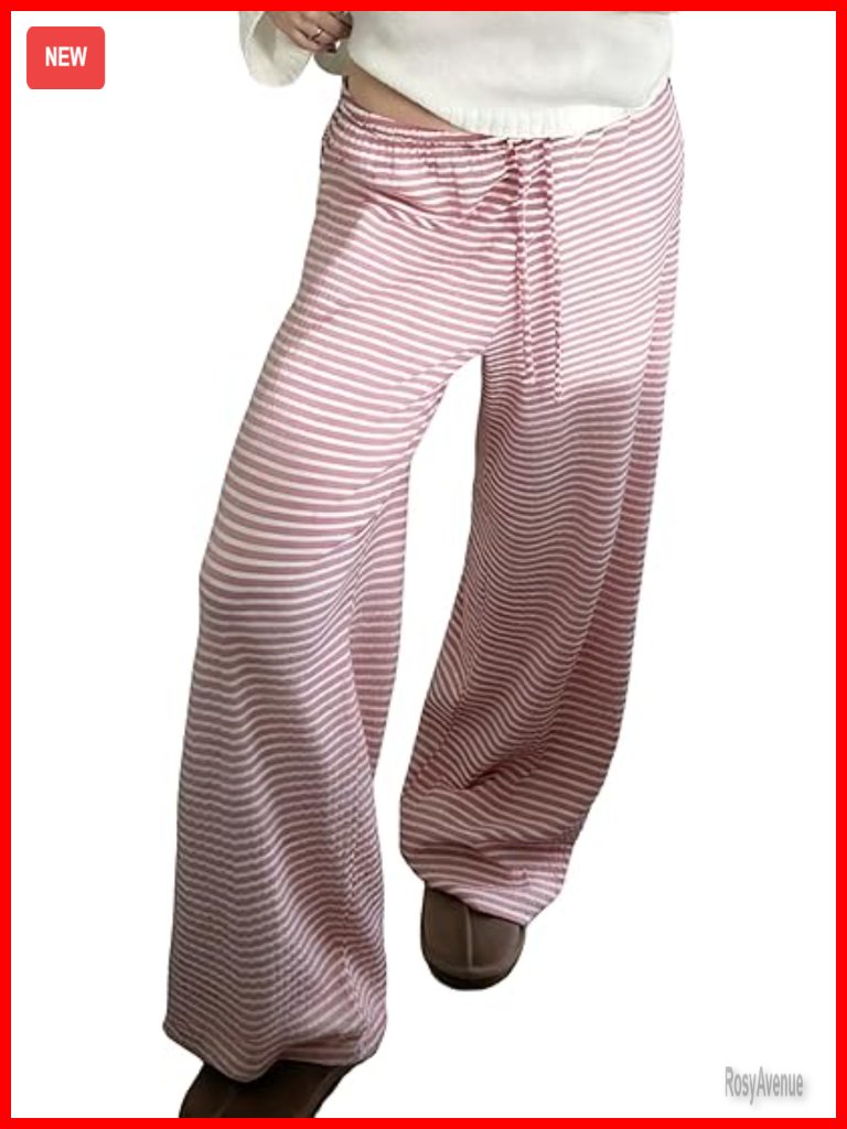 Womens Low Waisted Striped Pajama Pants Elastic Waist Drawstring Lounge Trousers